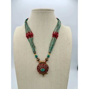Vintage Nepalese Brass Ghau Amulet Necklace Mosaic Turquoise Red Coral 20in